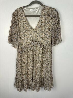 Manydress floral print V-neck swing dress short flutter sleeves ruffled hem UK L